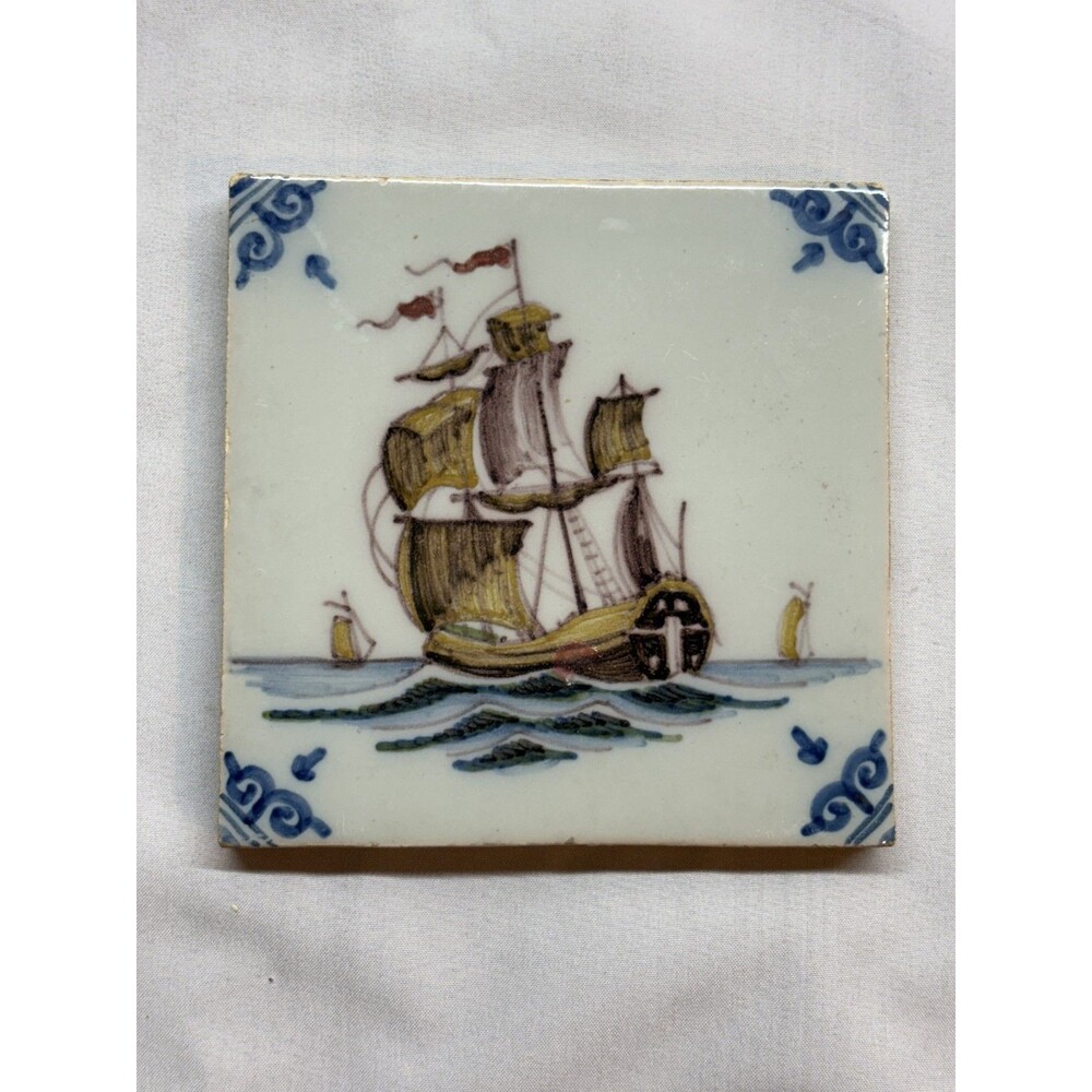 Vintage Royal Tichelaar Makkum Dutch Delft Tile Hand Painted Sailing Ship GM 4x4